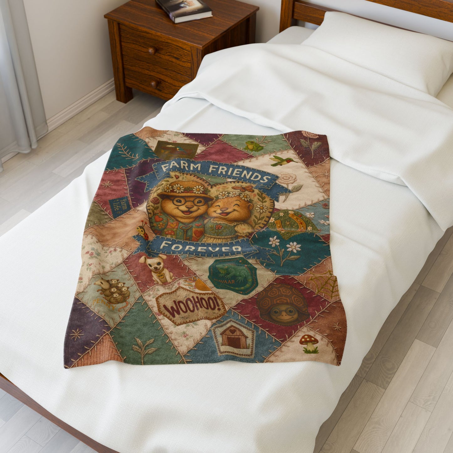 Farm Friends Forever Quilt Microfleece Blanket – 3 Sizes Cozy Microfleece Quilt, Toddler Throw, Comfort Blanket, Favorite Heirloom