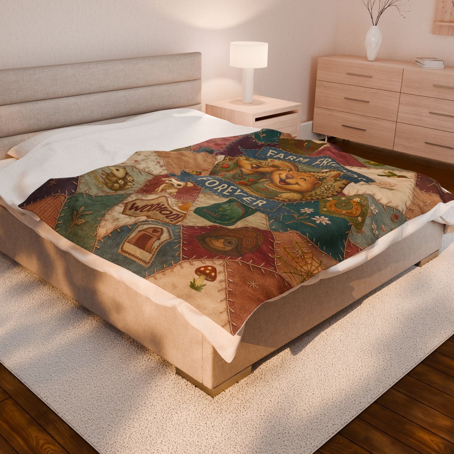 Farm Friends Forever Quilt Microfleece Blanket – 3 Sizes Cozy Microfleece Quilt, Toddler Throw, Comfort Blanket, Favorite Heirloom