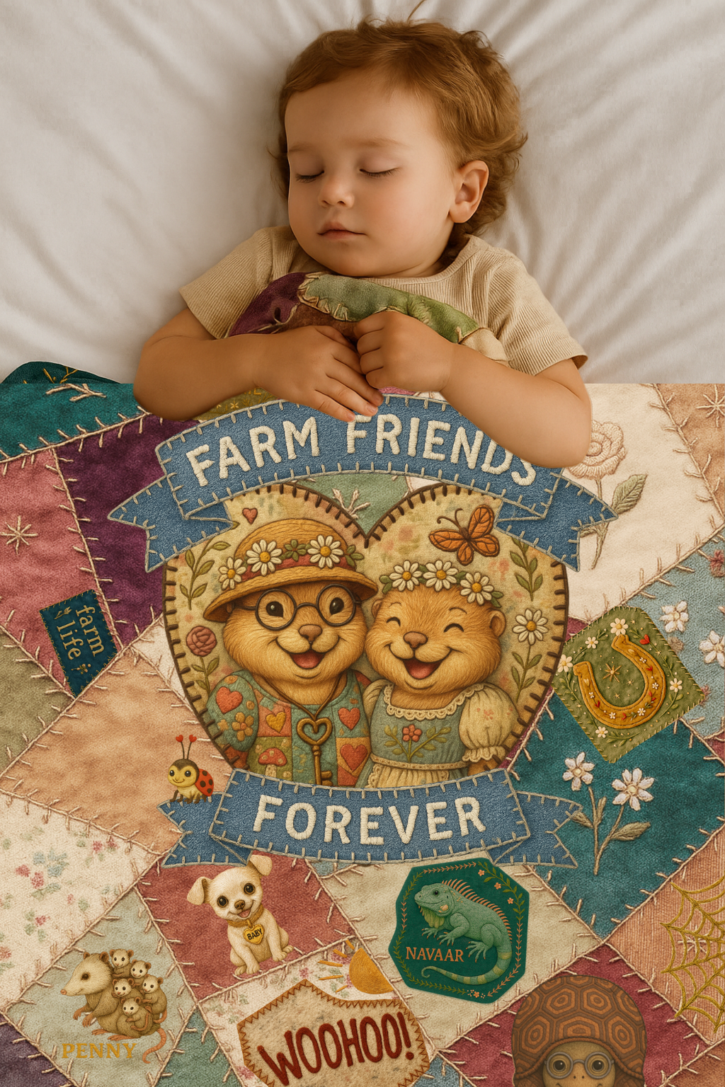 Farm Friends Forever Quilt Microfleece Blanket – 3 Sizes Cozy Microfleece Quilt, Toddler Throw, Comfort Blanket, Favorite Heirloom